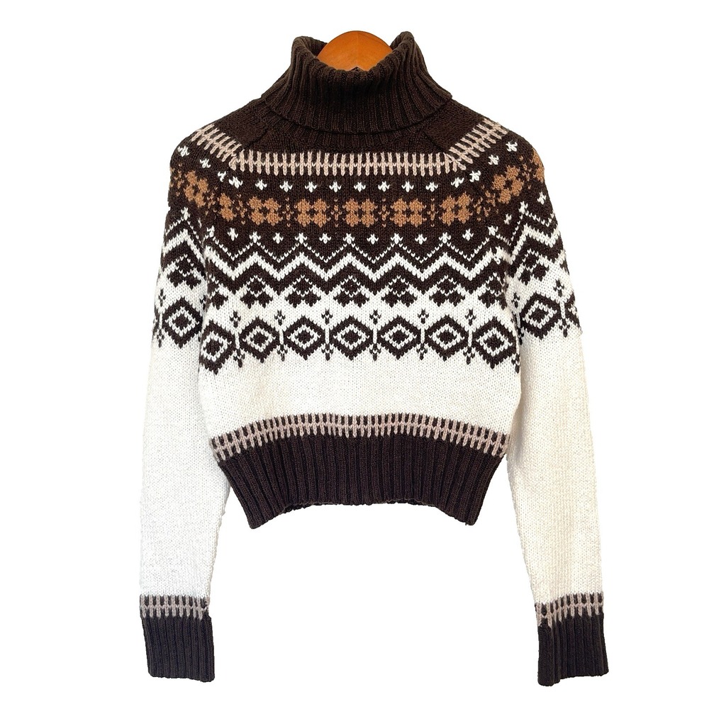 American Eagle VTG SZ XS Cotton Blend Fair Isle Turtleneck Sweater Cream Brown